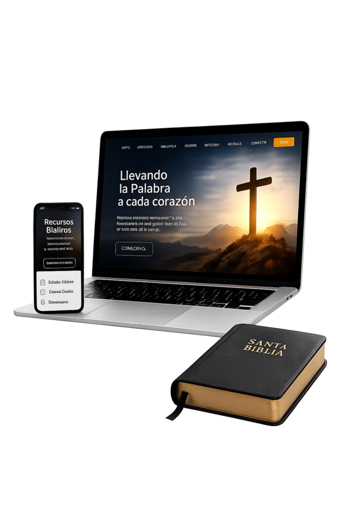 Mockup transparente de un sitio web para iglesias visualizado en computador portátil, teléfono móvil y Biblia, desarrollado por ASolariV.